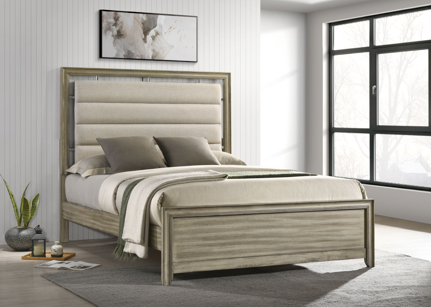 Giselle King Panel Bedroom Set With Upholstered Headboard Rustic Beige