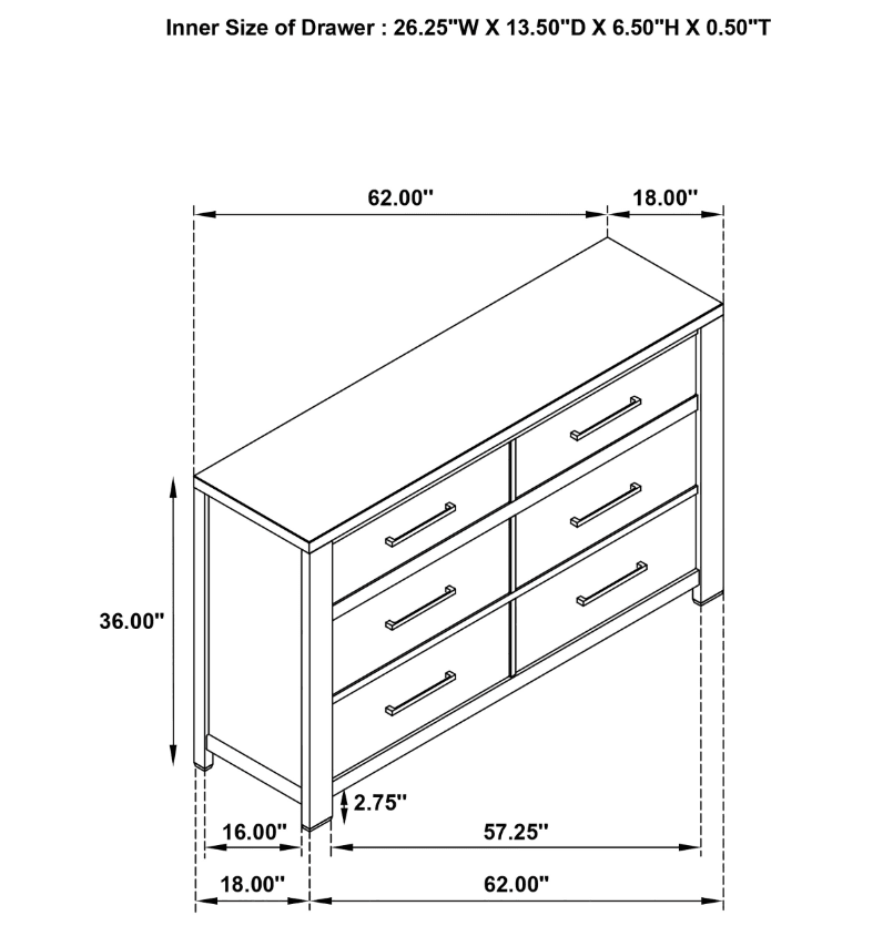 Kieran 6-Drawer Bedroom Dresser Grey