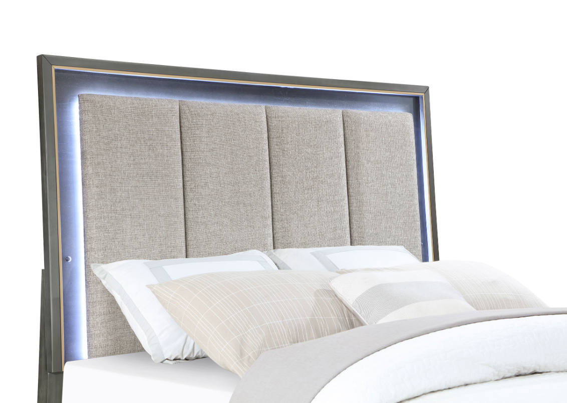 Kieran Eastern King Panel Bed With Upholstered LED Headboard Grey