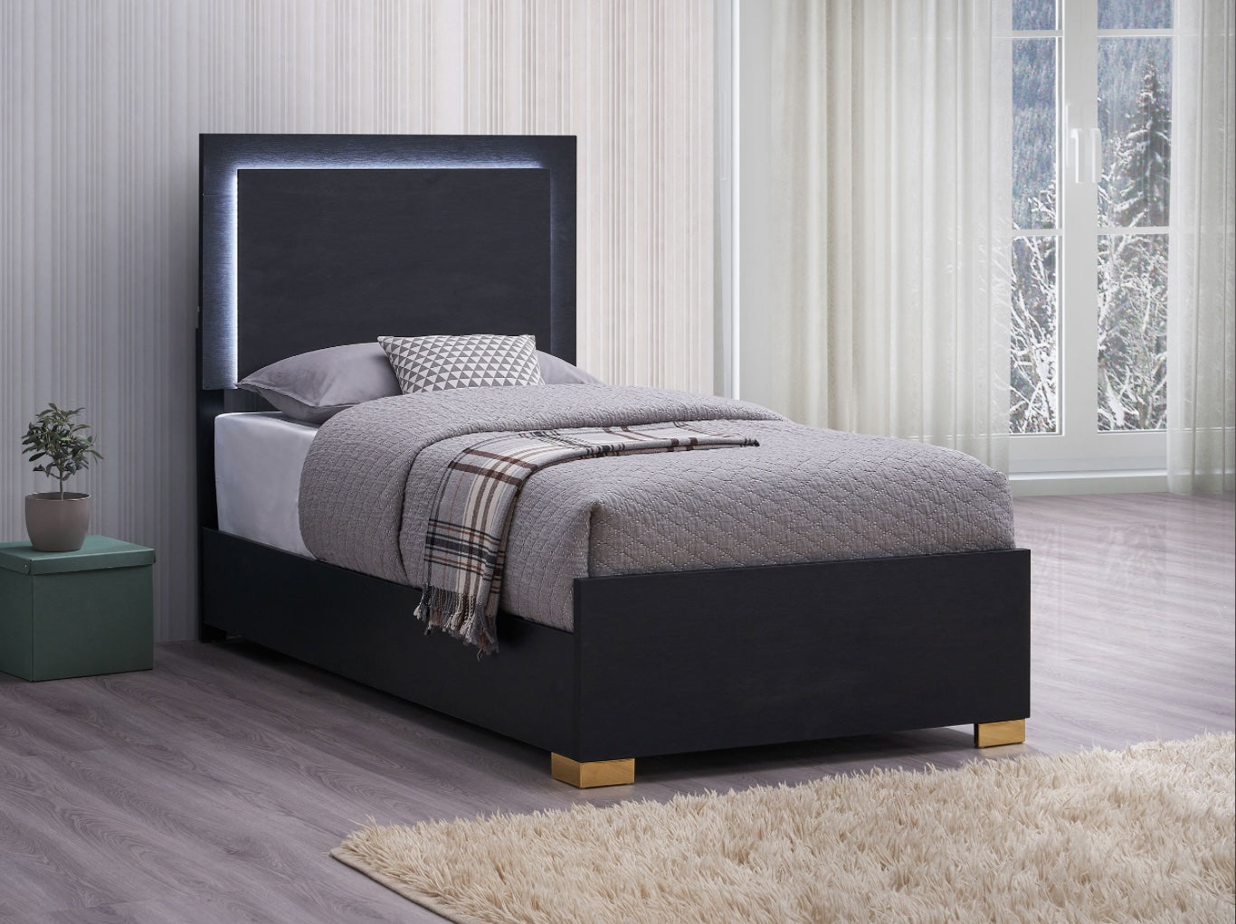 Marceline Twin Bed with LED Lighted Headboard - Black & Gold