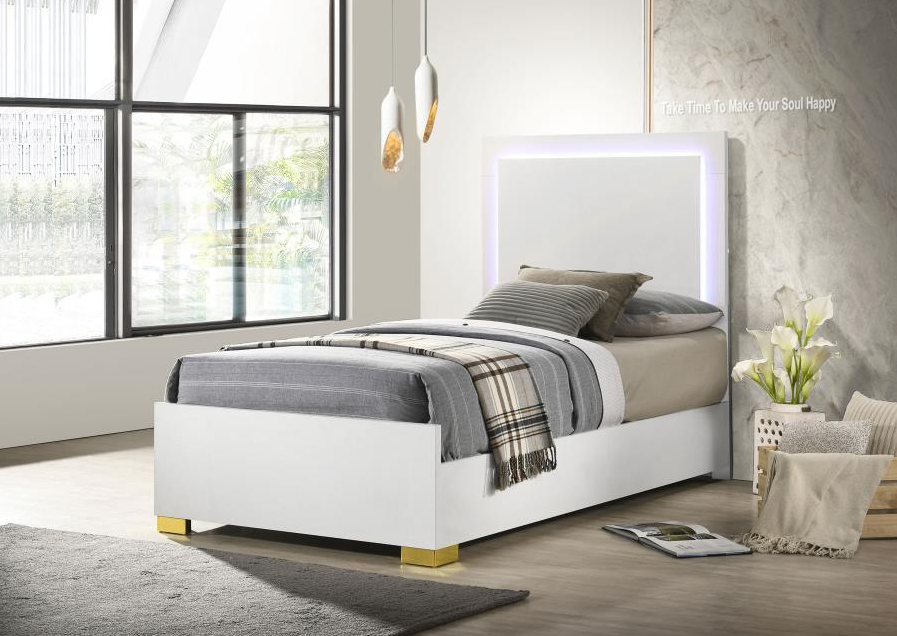 Marceline Twin Bed with LED Lighted Headboard - White & Gold