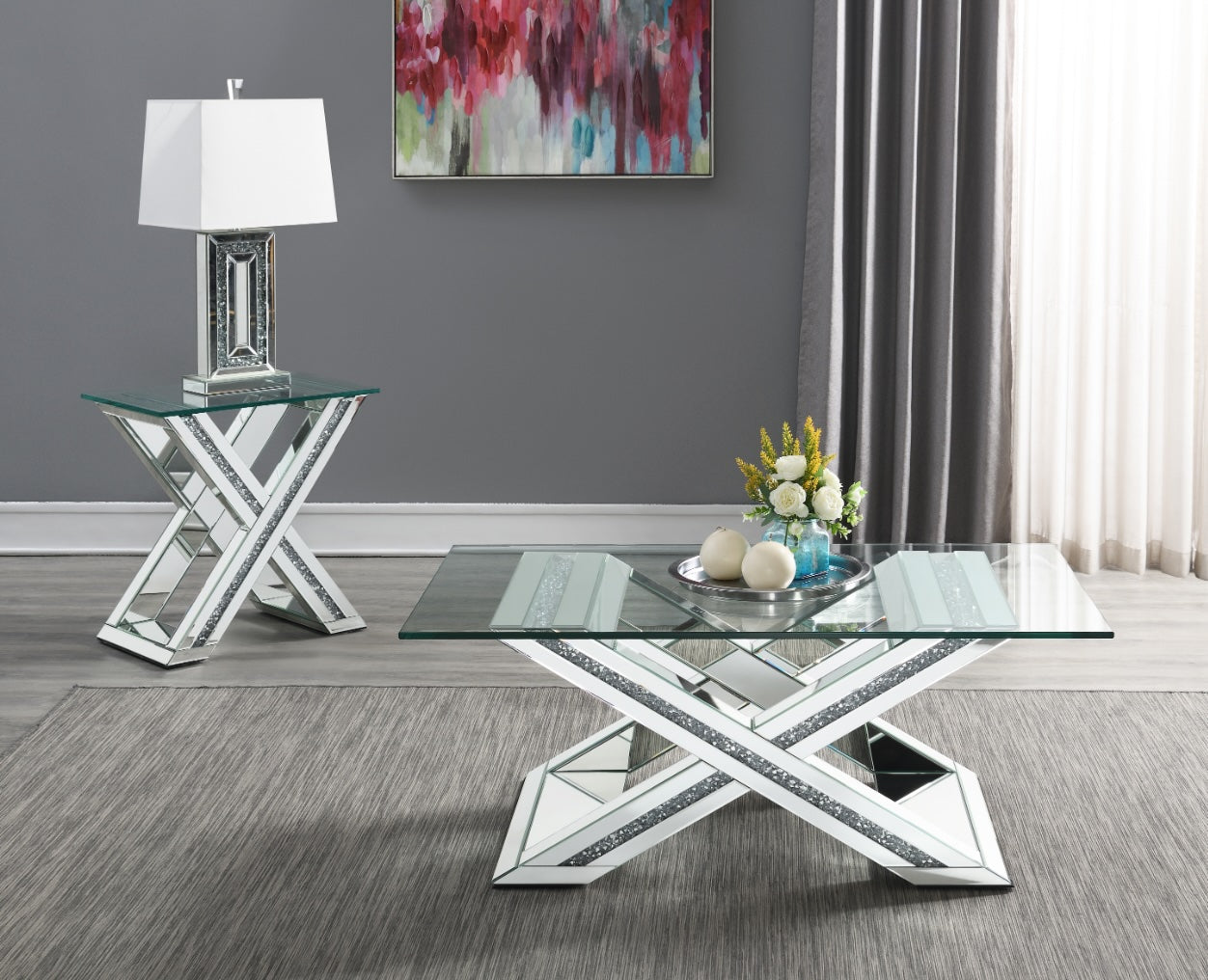 Bonnie X-base Rectangle Glass Top Coffee Table Mirror