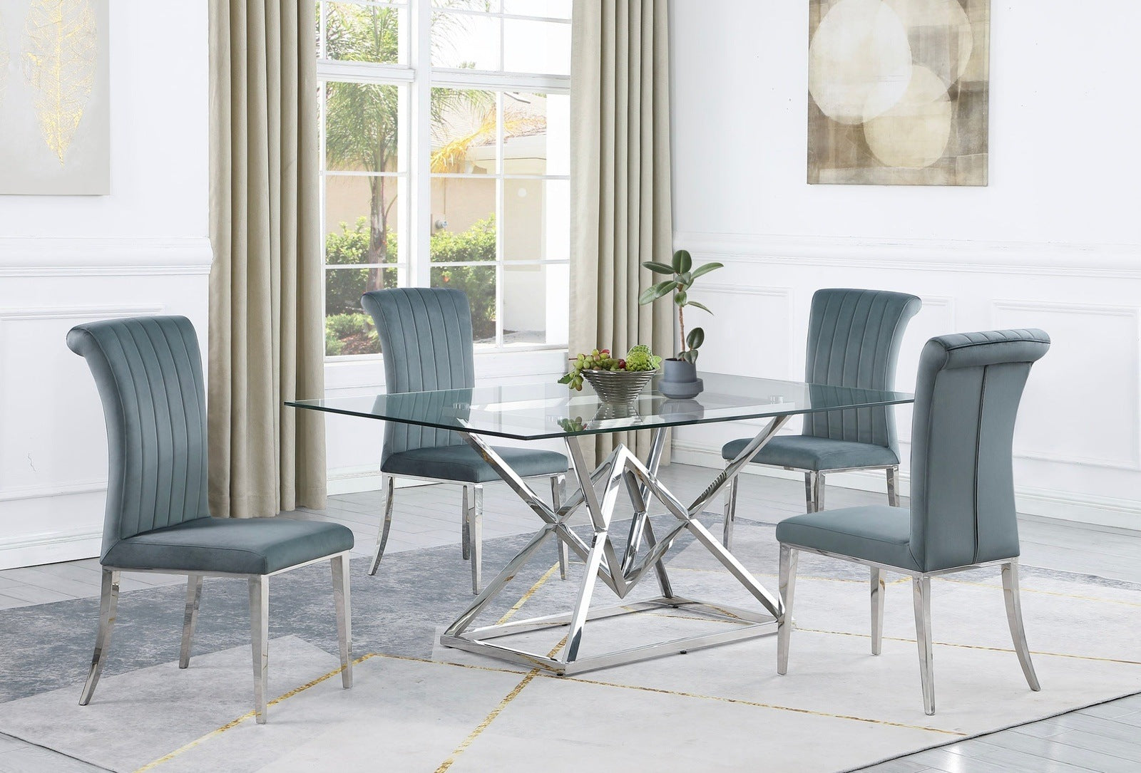 Beaufort 5-Piece Chrome & Glass Dining Set with Dark Grey Velvet Chairs