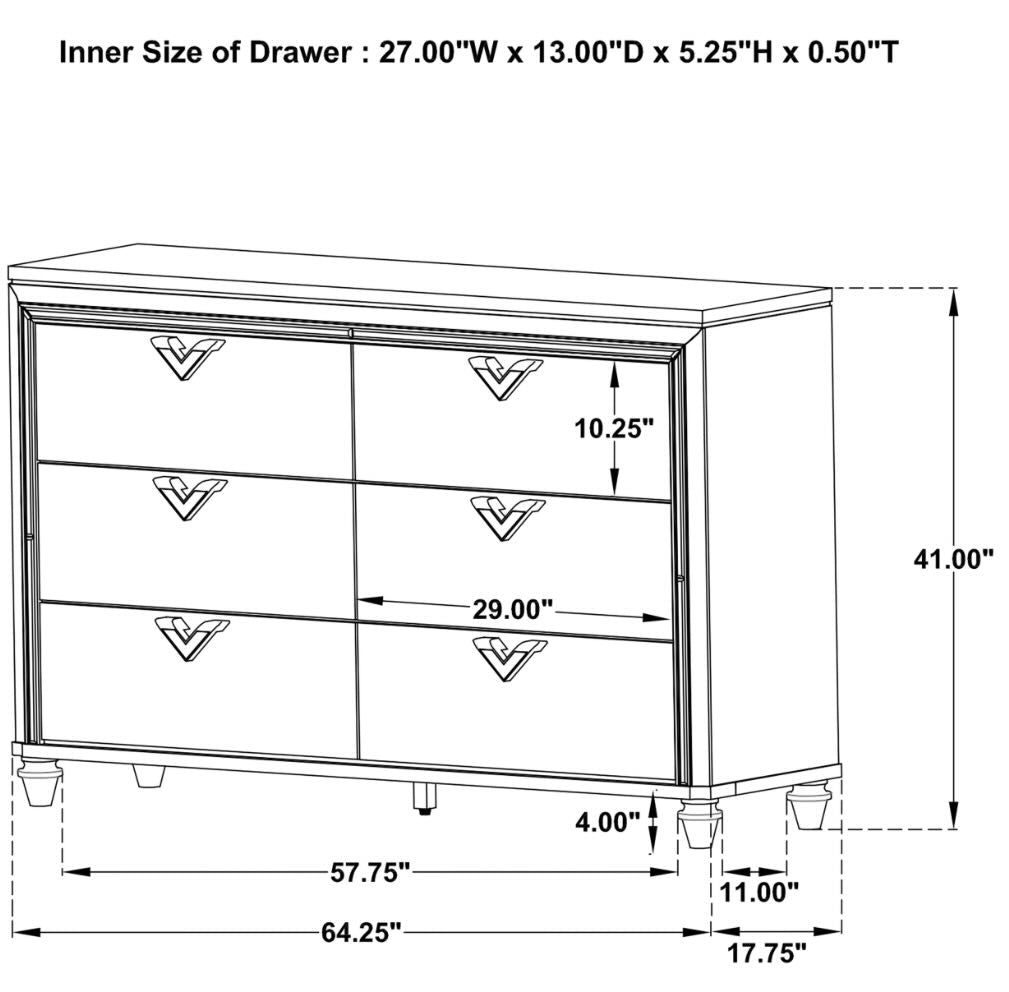 Veronica 6-Drawer Bedroom Dresser Light Silver