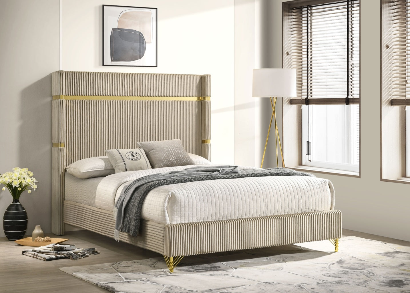 Lucia Modern Queen Wingback Panel Bed - Beige