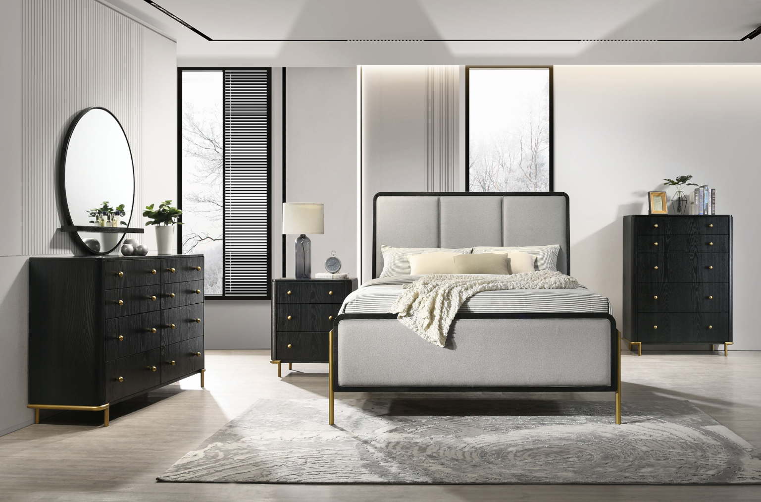 Arini Queen Bedroom Set With Upholstered Headboard Black And Grey