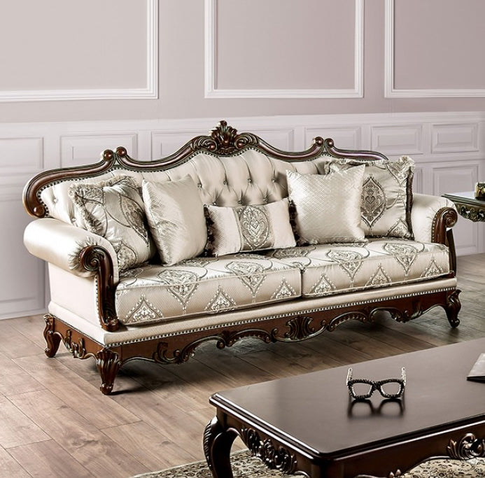 Veracruz Traditional Sofa with Wood Trim - Beige & Dark Cherry