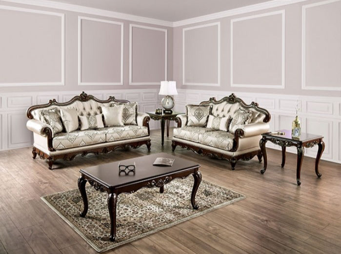 Veracruz Traditional Sofa with Wood Trim - Beige & Dark Cherry