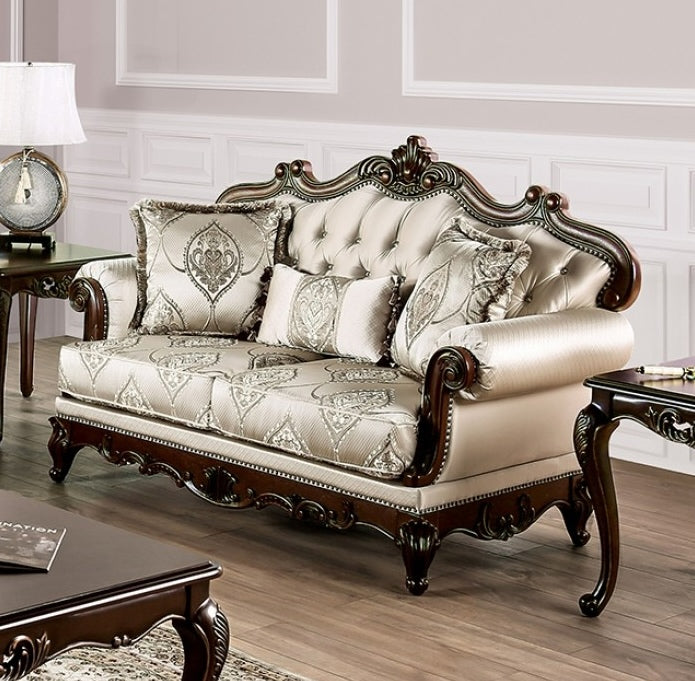 Veracruz Traditional Sofa with Wood Trim - Beige & Dark Cherry