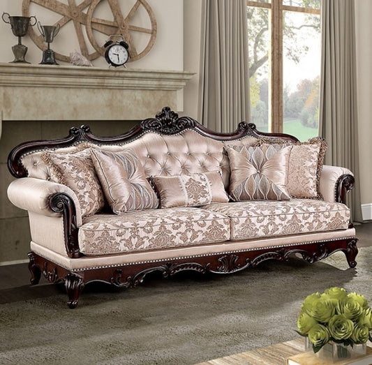 Veracruz Traditional Sofa with Wood Trim - Light Brown & Dark Cherry