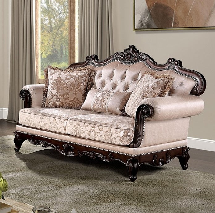 Veracruz Traditional Sofa with Wood Trim - Light Brown & Dark Cherry