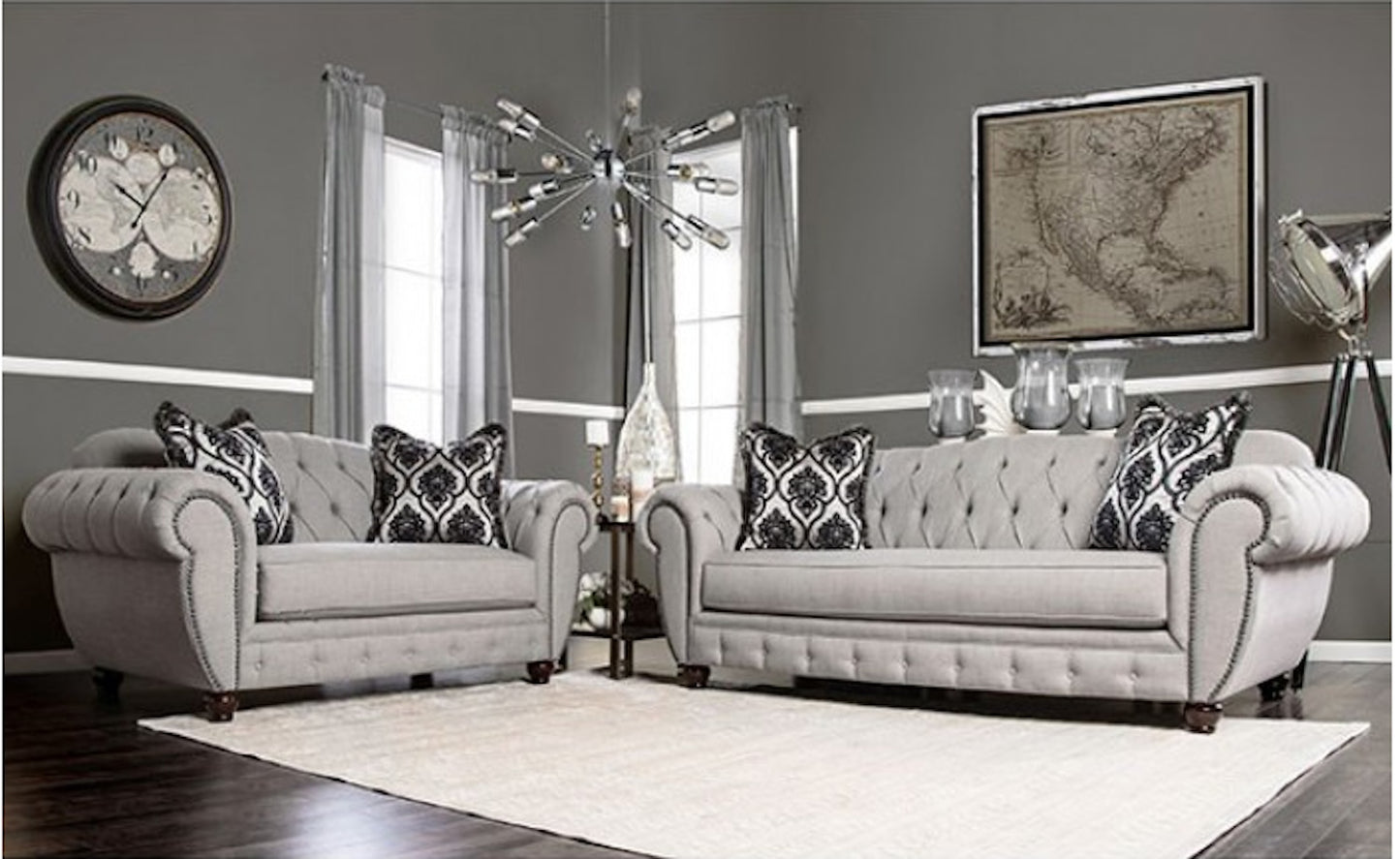 Viviana Transitional Gray Upholstered Sofa with Oversized Rolled Arms