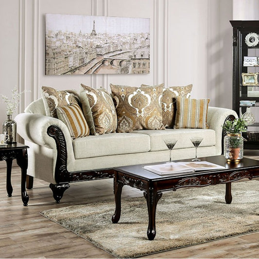 Delizia Traditional Rolled Arm Sofa with Wood Trim - Cream