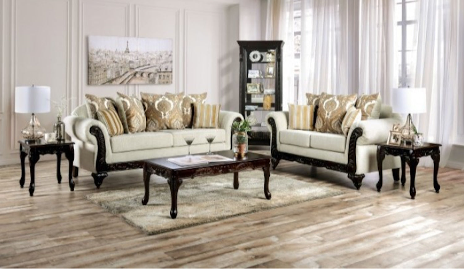 Delizia Traditional Rolled Arm Sofa with Wood Trim - Cream