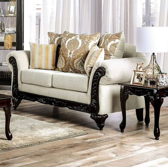 Delizia Traditional Rolled Arm Sofa with Wood Trim - Cream