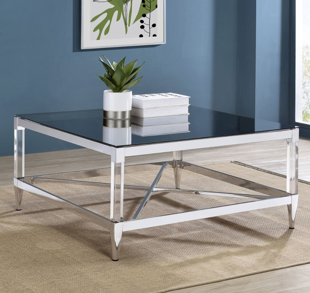 Lindley Square Coffee Table With Acrylic Legs And Tempered Mirror Top Chrome