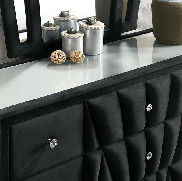 Carissa Art Deco Style Upholstered Dresser w/ Crystal Knobs - Black