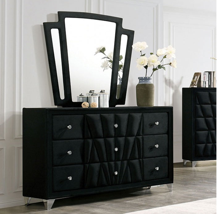 Carissa Art Deco Style Upholstered Dresser w/ Crystal Knobs - Black