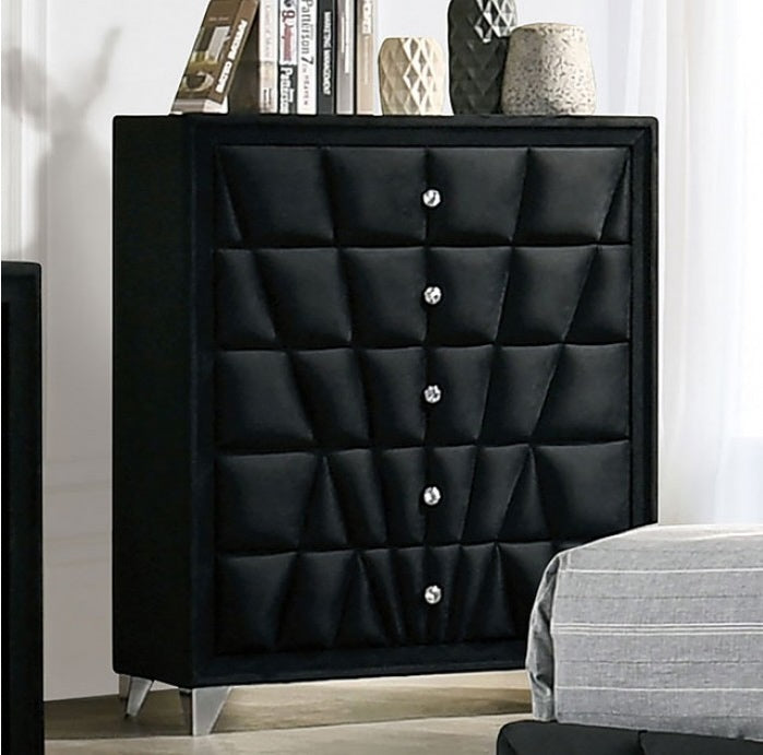 Carissa Art Deco Style Upholstered Bedroom Chest w/ Crystal Knobs - Black