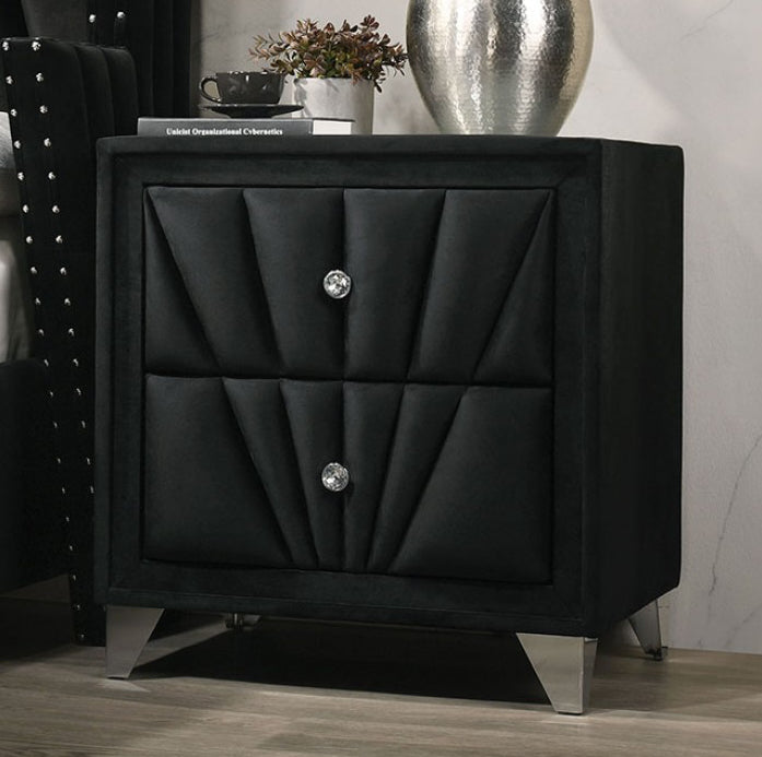 Carissa Art Deco Style Upholstered Nightstand w/ Crystal Knobs - Black