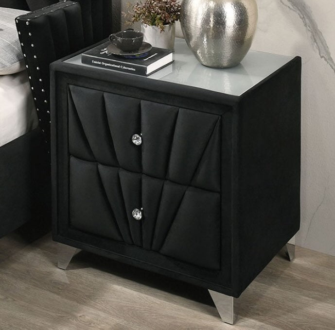 Carissa Art Deco Style Upholstered Nightstand w/ Crystal Knobs - Black