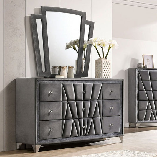 CCarissa Art Deco Style Upholstered Dresser w/ Crystal Knobs - Gray