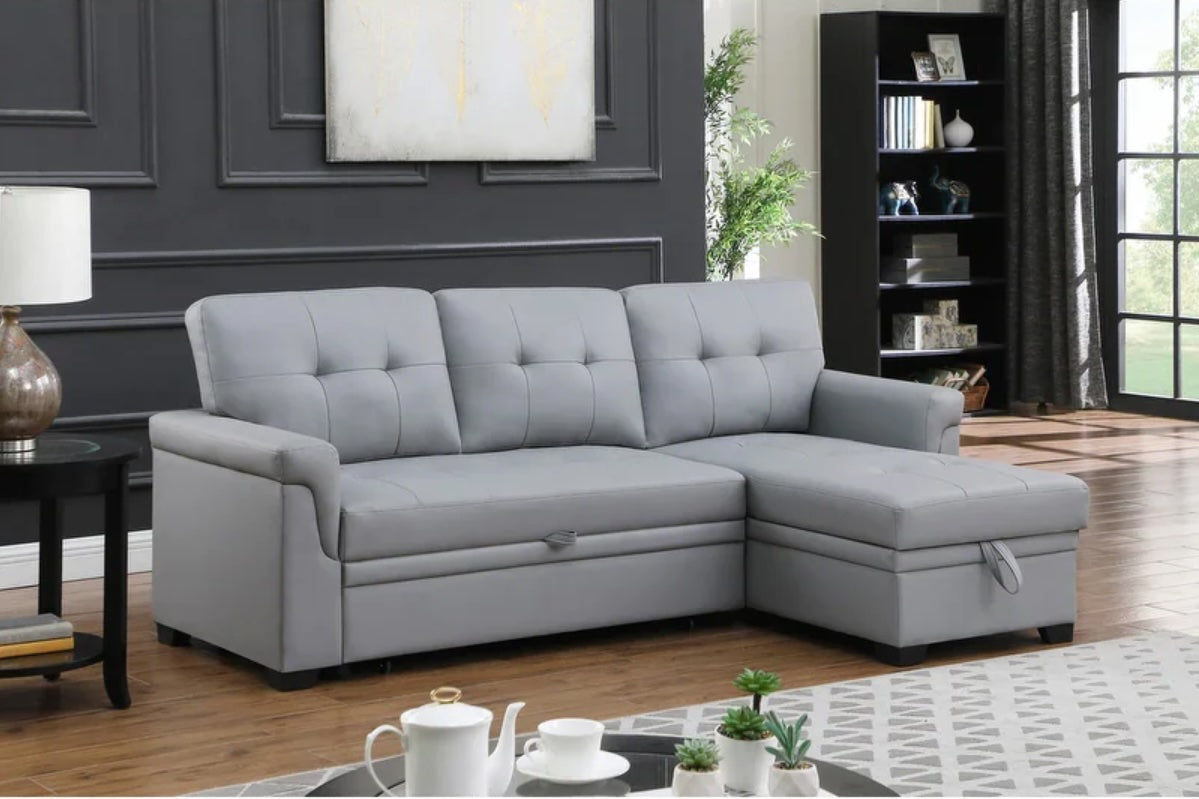 Lexi Gray Vegan Leather Reversible Sleeper Sectional