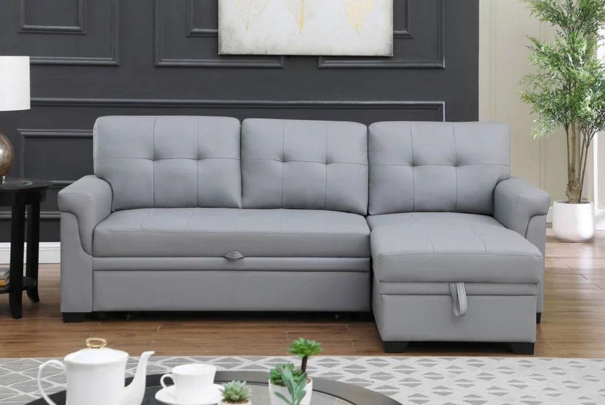 Lexi Gray Vegan Leather Reversible Sleeper Sectional