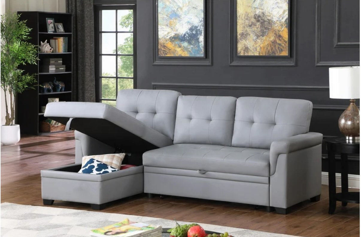 Lexi Gray Vegan Leather Reversible Sleeper Sectional