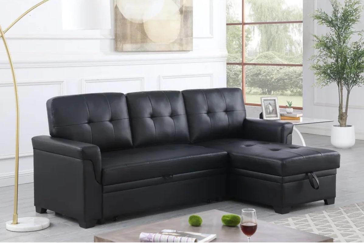 Lexi Black Vegan Leather Reversible Sleeper Sectional