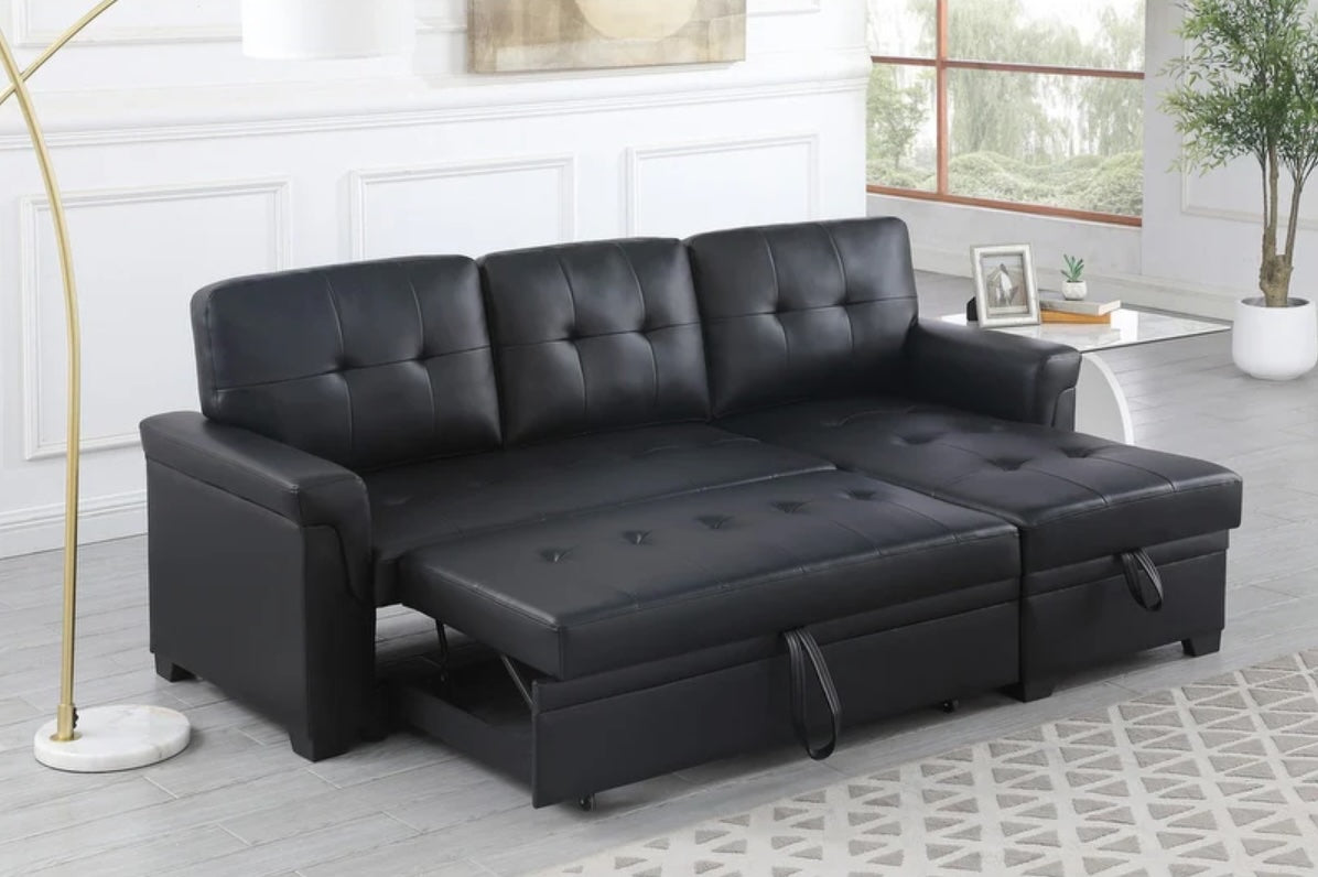 Lexi Black Vegan Leather Reversible Sleeper Sectional