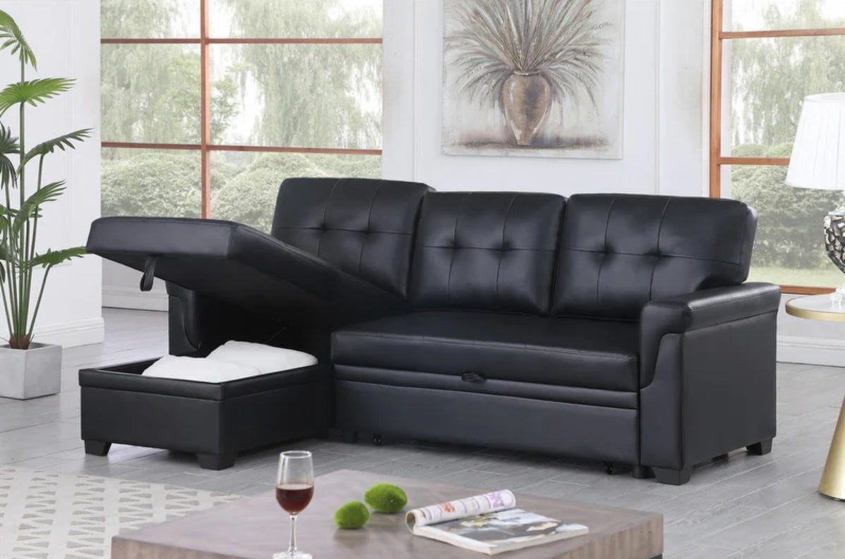 Lexi Black Vegan Leather Reversible Sleeper Sectional