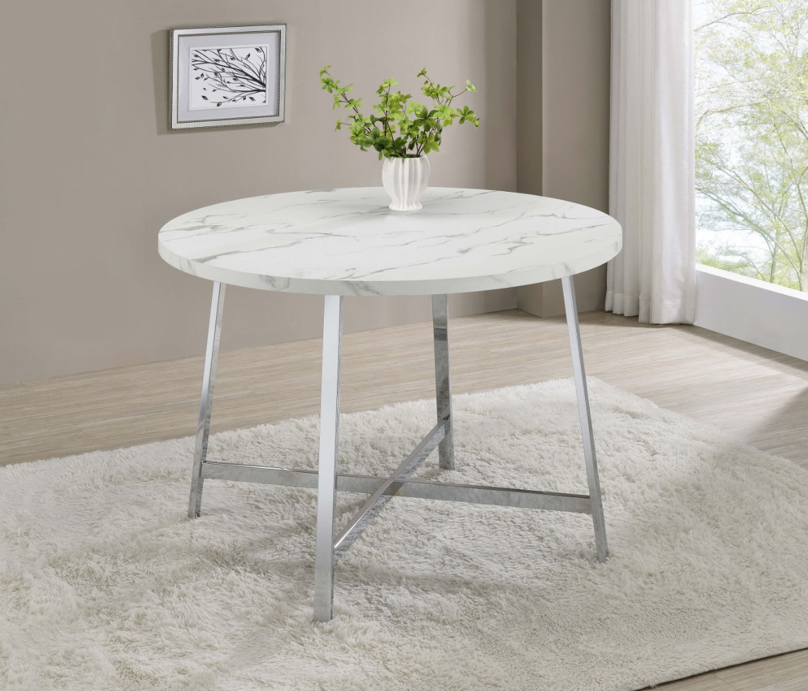 Alcott Round Faux Carrara Marble Top Dining Table Chrome