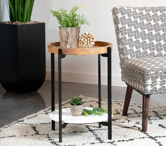 Adhvik Round Accent Table With Marble Shelf Natural And Black