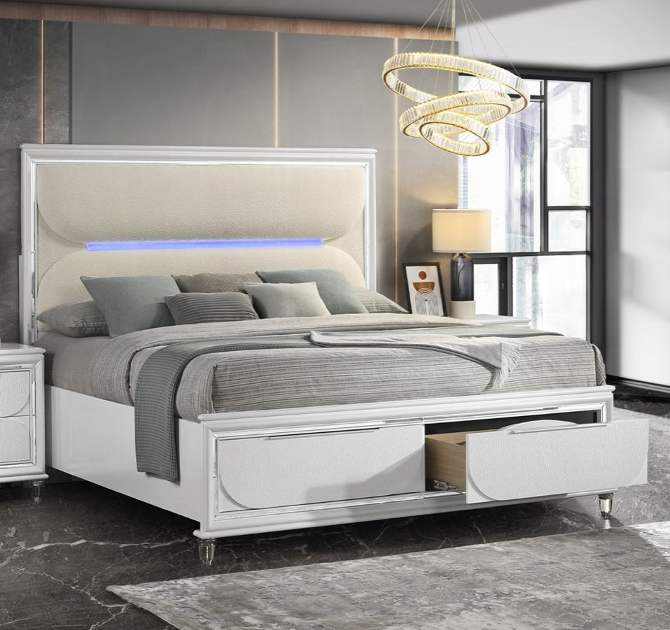 Tarian Queen Storage Bed W/Led & Storage - Pearl White