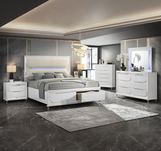 Tarian King Storage Bed W/Led & Storage - Pearl White