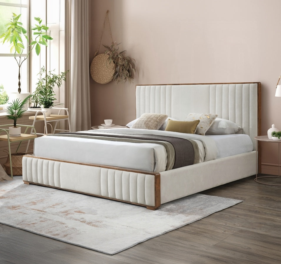 Kaleea Queen Platform Bed - Beige Chenille & Walnut