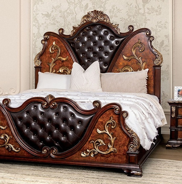 Aquilina Traditional King Bed with Tufted Headboard & Gold Carved Details