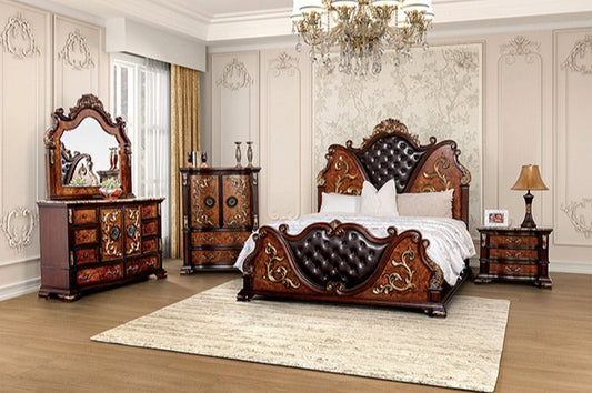 Aquilina Traditional King Bed with Tufted Headboard & Gold Carved Details