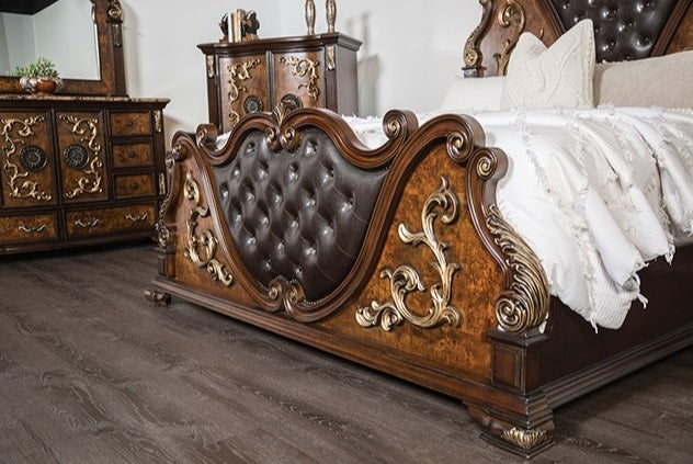 Aquilina Traditional King Bed with Tufted Headboard & Gold Carved Details