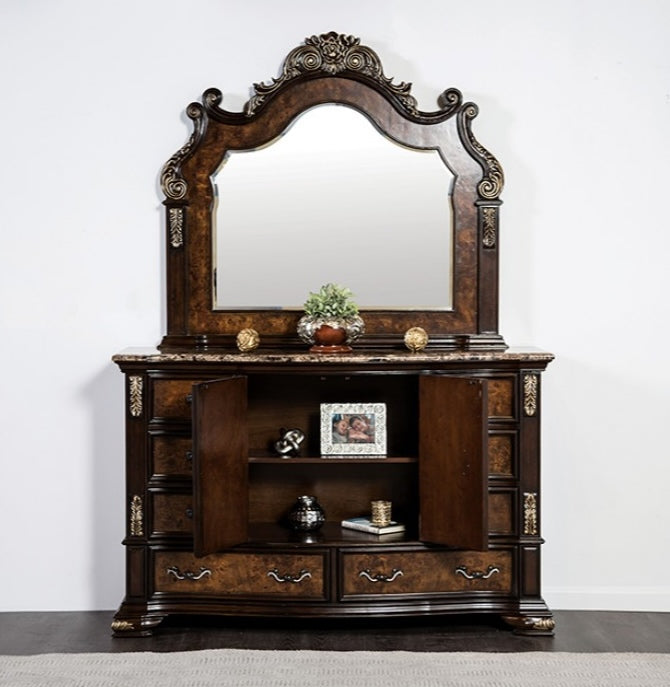 Aquilina Traditional 8-Drawer Dresser with Sintered Stone Top - Dark Cherry & Oak