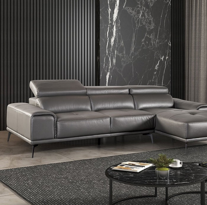 Vadso Modern Leather Sectional with Track Arms & Adjustable Head Rest - Dark Gray