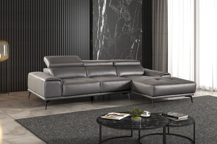 Vadso Modern Leather Sectional with Track Arms & Adjustable Head Rest - Dark Gray