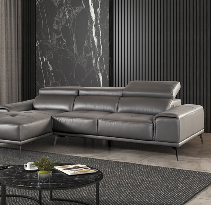 Vadso Modern Leather Sectional with Track Arms & Adjustable Head Rest - Dark Gray