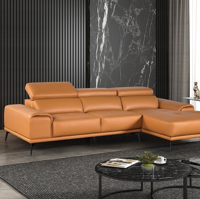 Vadso Modern Leather Sectional with Track Arms & Adjustable Head Rest - Tangerine