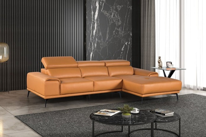 Vadso Modern Leather Sectional with Track Arms & Adjustable Head Rest - Tangerine