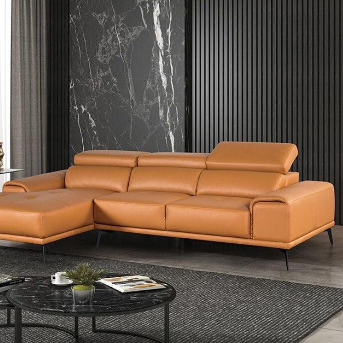 Vadso Modern Leather Sectional with Track Arms & Adjustable Head Rest - Tangerine