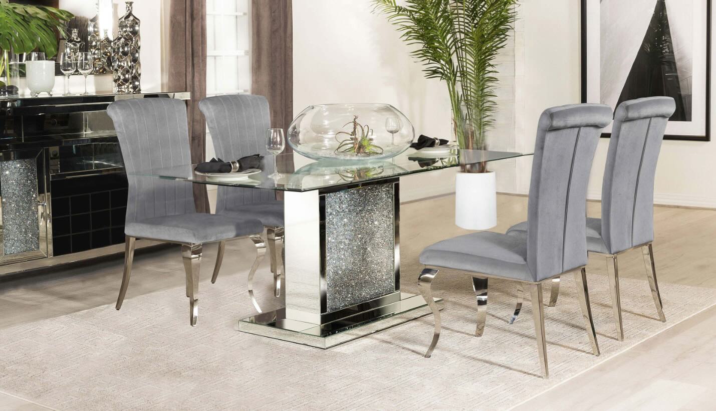 Marilyn Pedestal Rectangle Glass Top Mirrored Dining Table