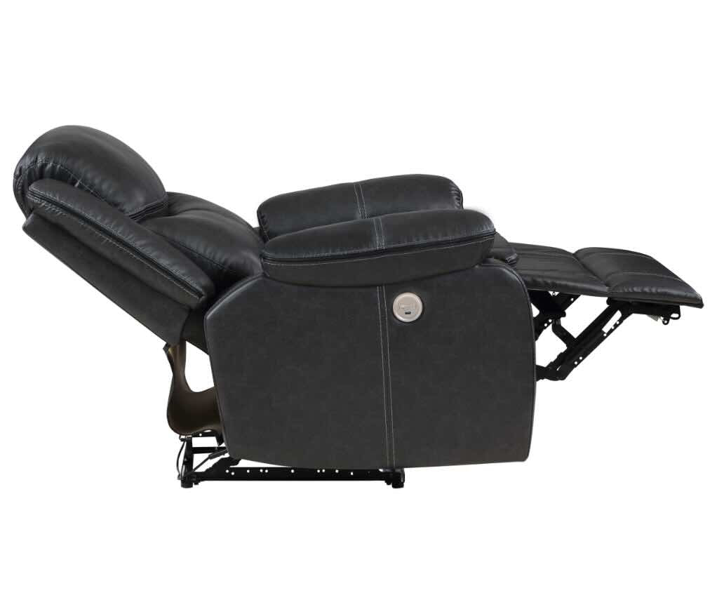 Sycamore Upholstered Power Recliner in Dark Gray with Contrast Stitching