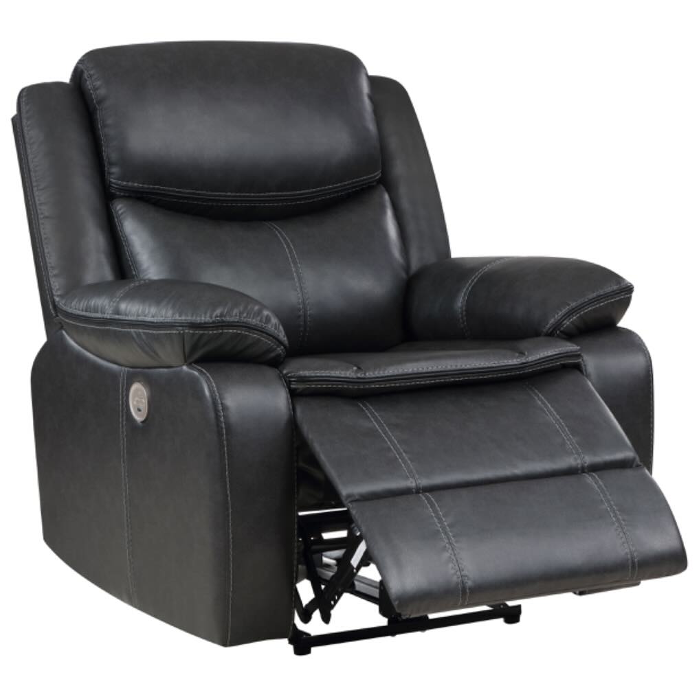 Sycamore Upholstered Power Recliner in Dark Gray with Contrast Stitching